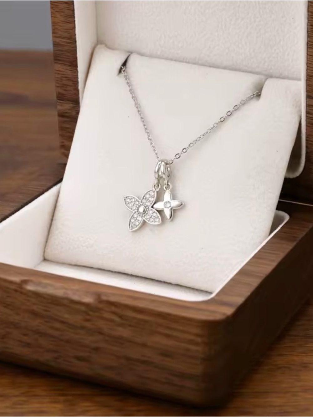 Sterling Silver Double Flower Pendant Necklace - White